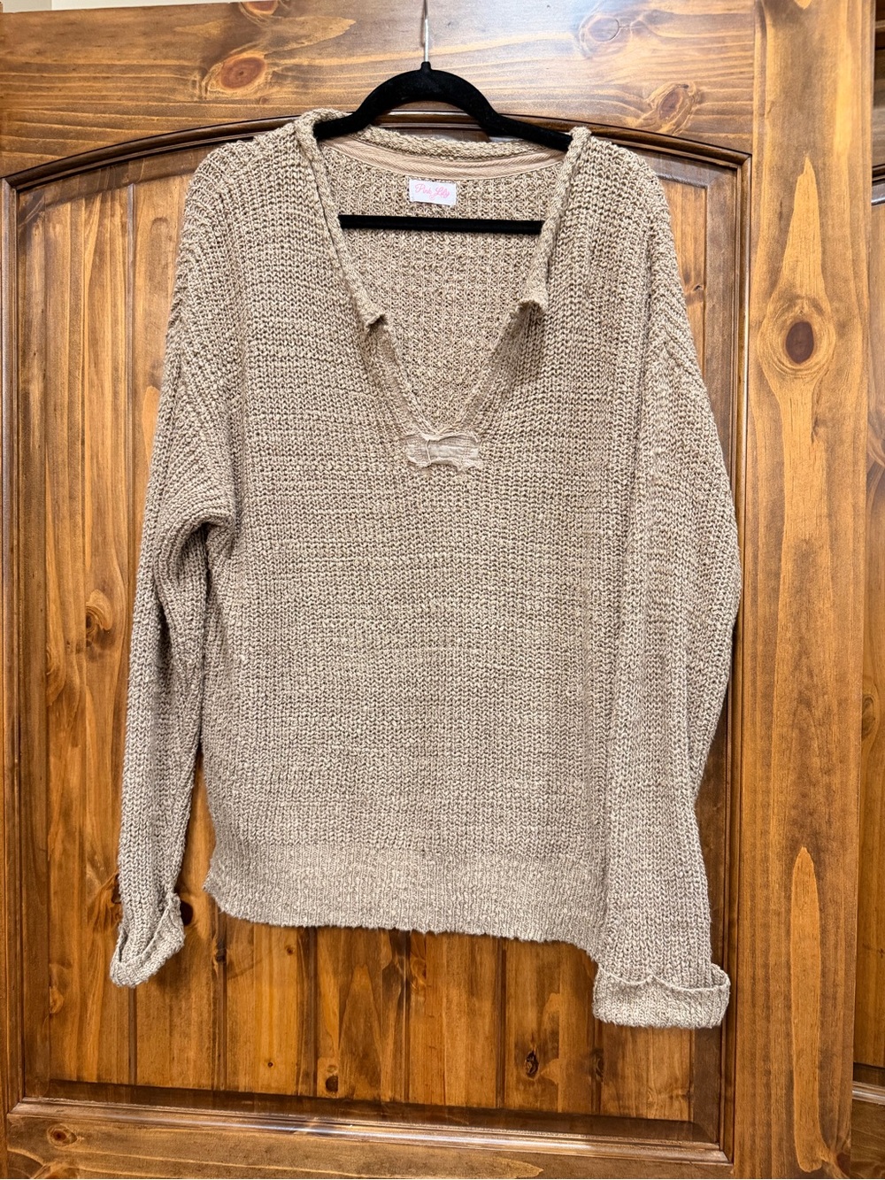 Pink Lily Taupe-Style V-Neck Lightweight Knit Sweater